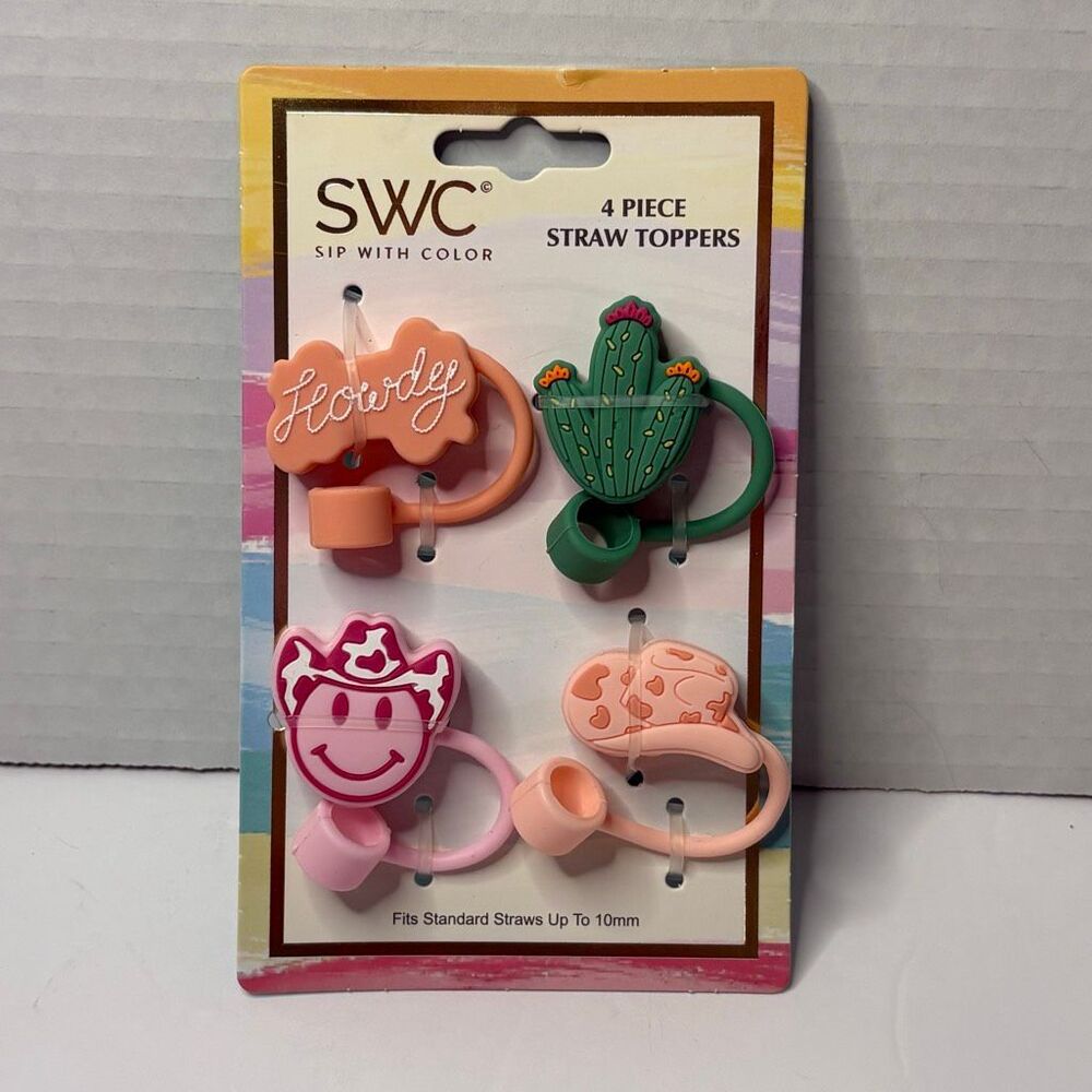 SWC Sip With Color 4 Pack Straw Topper Western Theme Howdy Cactus Cowgirl Hat NW